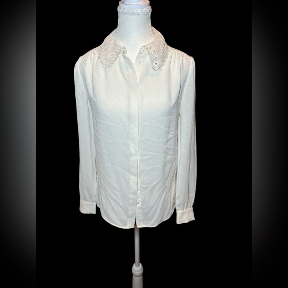 Reiss Cream Lace Collar Long-Sleeve Blouse - Picture 2 of 12